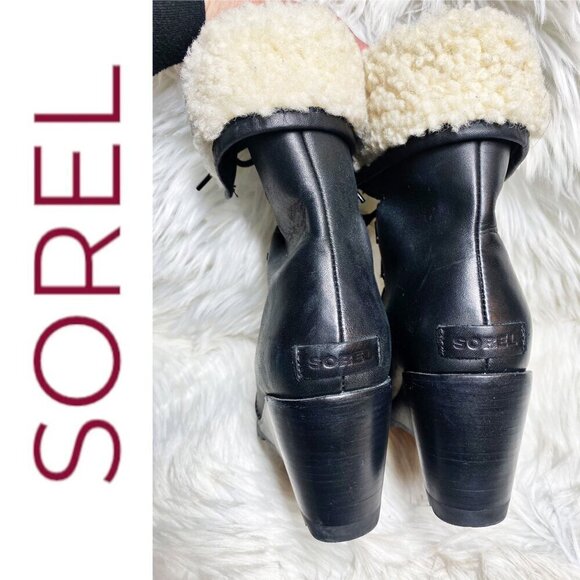 NWOT SOREL After Hours Lace-Up Shearling Waterproof Wedge Boots Black, 9.5 - Picture 6 of 14